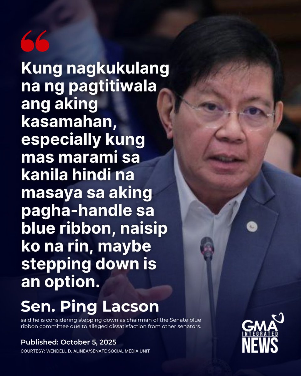 ‘HUMANAP SILA NG IBANG PUWEDENG MAGING CHAIRMAN NG BLUE RIBBON COMMITTEE’

Senate President Pro Tempore Panfilo "Ping" Lacson on Sunday said he is considering stepping down as chairman of the Senate blue ribbon committee due to alleged dissatisfaction from other senators.

READ: