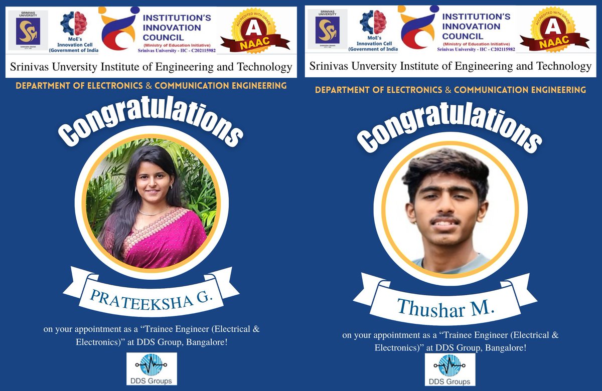 Many Congratulations to Ms Prateeksha G &amp; Mr Thushar M on their successful placement as Trainee Engineers (Electrical &amp; Electronics) with DDS Group, Bengaluru. We extend our Best Wishes for their continued success &amp; a prosperous career ahead.
#SUIETMukka #SrinivasUniversity
1/n