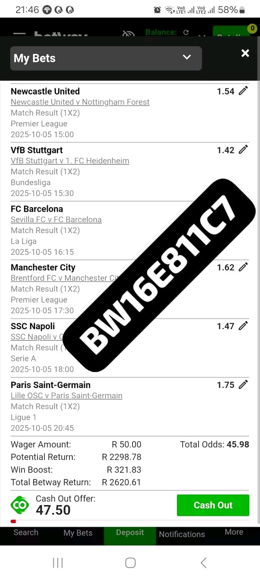 AsariahEmpty's tweet photo. I just placed a bet with Betway. Tap here to copy my bet or search for this booking code in the Multi Bet betslip BW16E811C7 https://t.co/zDEHe9ongZ

BW16E811C7
9legs✅✅
You are welcome to join🍏🍏
You can jump in 🍏🍏
Well cooked meal 🍏🍏 https://t.co/3huF8If0TO