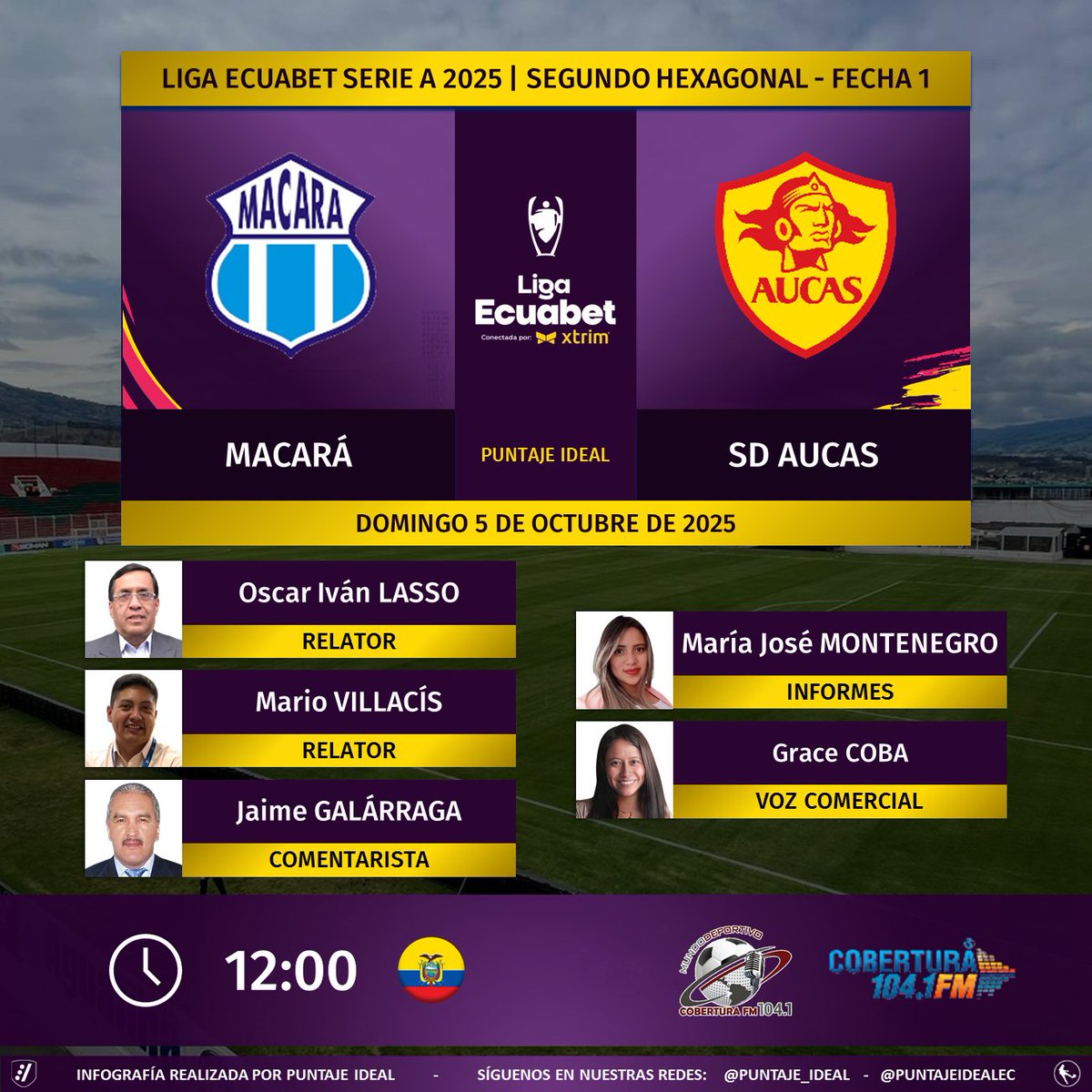 ⚽ #LigaEcuabet 🇪🇨 | #Macará vs. #Aucas 
🎙 Relatores: <a href="/Oslamach/">Oscar Ivan Lasso M.</a> - <a href="/MarioVillacisG/">VillaSports</a>
🎙 Comentarista: <a href="/jaimegalarraga/">Jaime Galarraga</a>
📋 Informes: <a href="/soymajomb/">María José Montenegro</a>
🎙 Voz Comercial: <a href="/gracewalker_23/">Grace Coba Yar</a>
📻 <a href="/MundoDeporEC/">MUNDO DEPORTIVO EC 🇪🇨</a> en <a href="/CoberturaFM/">Cobertura FM 104.1 FM</a>
🤳 #MundoDeportivoEC
Dale RT 🔃