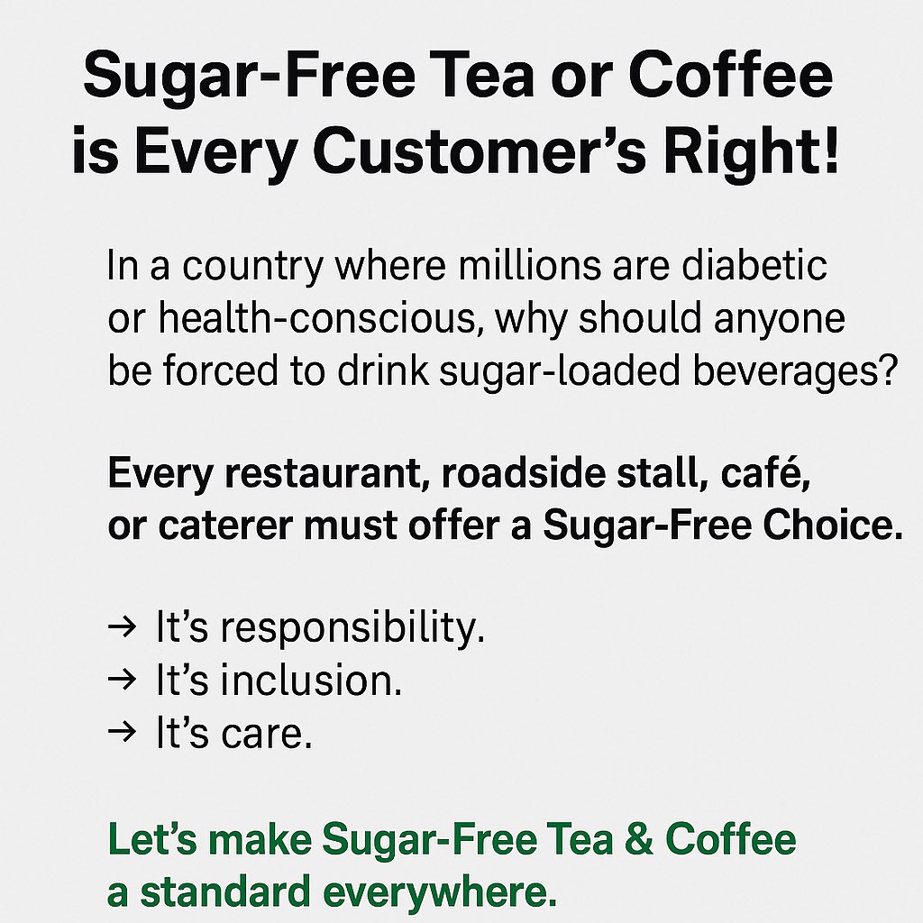 SolusMedia's tweet photo. Let eateries display a board prominently “Sugar-Free Tea/Coffee Served Here”. “షుగర్-ఫ్రీ చాయ్/కాఫీ ఇక్కడ దొరుకుతుంది!”. Neither me nor any of my immediate family is diabetic. But I care 4 those who r diabetic. Let them have a choice.

#SugarFreeIsResponsibility
#SugarFreeChoice https://t.co/uKZTjuo1tB