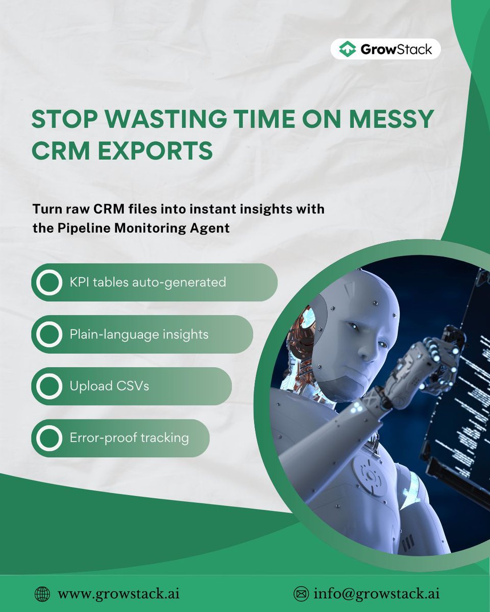 Growstackai's tweet image. Messy CRM exports are slowing you down? The Pipeline Monitoring Agent turns spreadsheets into insights—automatically.

📩 support@growstack.ai
#RevOps #SalesEnablement #PipelineManagement #CRMInsights #AIForSales #RevenueGrowth&quot;
