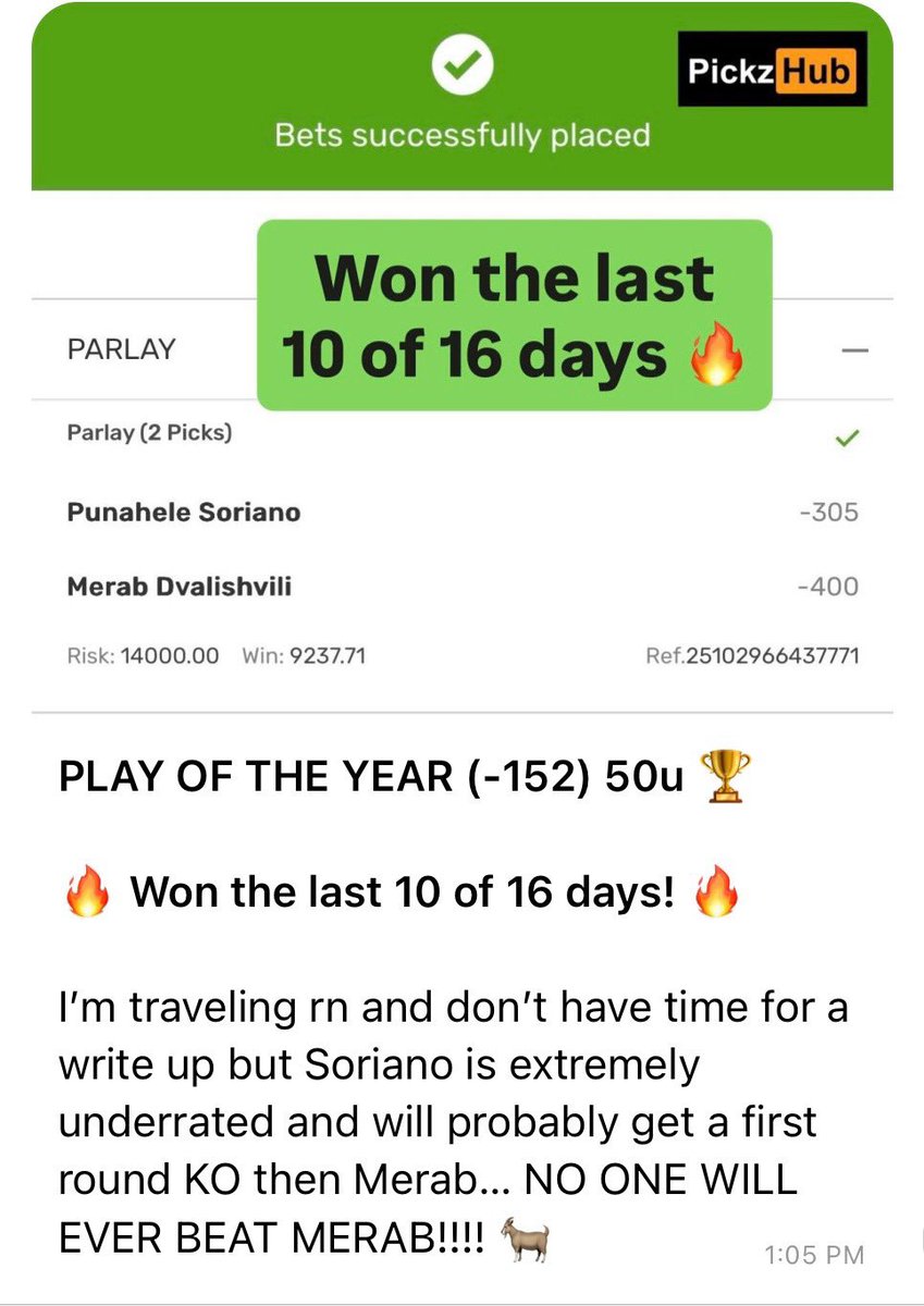 DUHHHHHH BANGGGG AGAINNN I TOLD YALL!!!

GUARANTEED LOCK (-152) 50u 🔒✅

AS PROMISED I ALWAYS DELIVER!!!!! IM HIM!!!!

ANOTHER GUARANTEED LOCK TOMORROW NFL!!
PickzHub.com