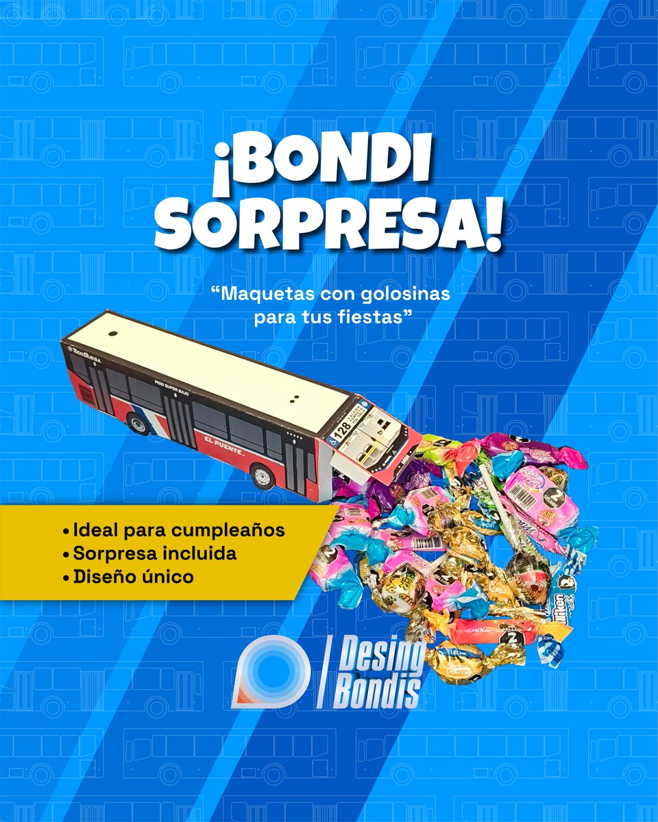 ✨ ¡Llegó el BONDI SORPRESA! ✨
Maquetas de colectivos con golosinas adentro 🎉
El regalo ideal para cumpleaños, fiestas y eventos especiales.

✅ Diseño único
✅ Sorpresa incluida
✅ ¡Diversión asegurada!

👉 Pedí el tuyo y sorprendé a todos en tu próxima fiesta 🚍🍬