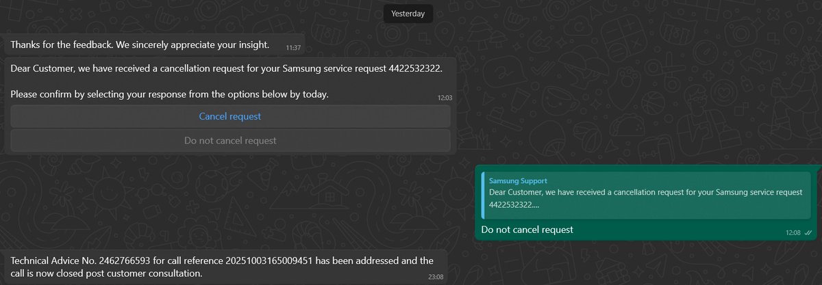 vskmenon's tweet photo. @SamsungIndia 
Customer care is trying to close the repair request without consulting. 
Two days after the service request, no action from Samsung Support. https://t.co/vYCHOp6NA3