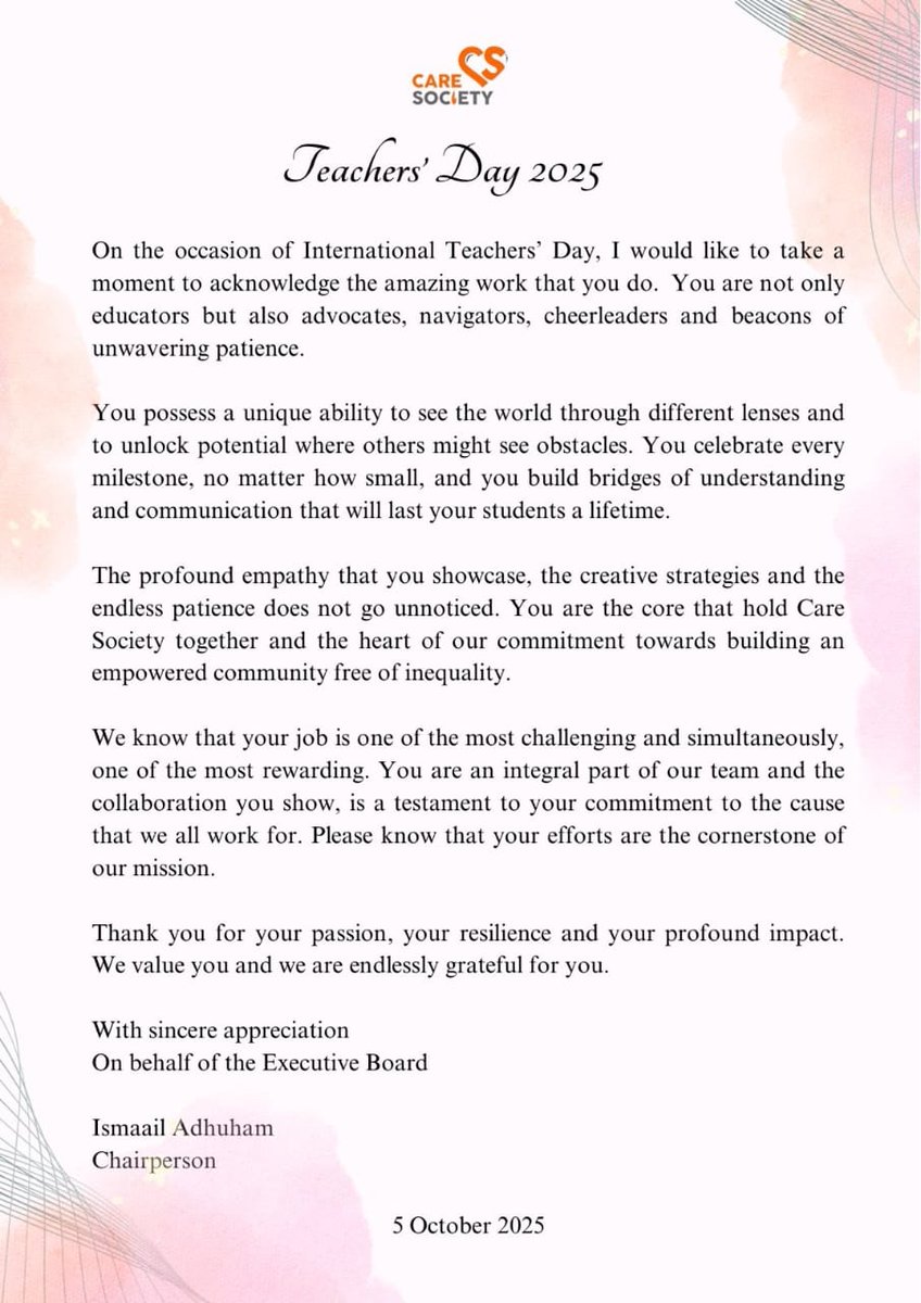 Today, we celebrate the incredible educators who inspire, guide, and shape lives every single day. 💫
Happy Teachers’ Day 2025!

Your passion and dedication continue to make Care Society stronger 🧡
#teachersday2025🖍✏️📚