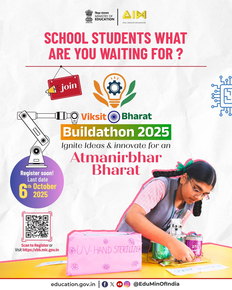 EduMinOfIndia's tweet image. #ViksitBharatBuildathon2025, a joint initiative by Ministry of Education in collaboration with @AIMtoInnovate @NITIAayog, is providing school students from classes 6 to 12 an opportunity to ideate, innovate and create solutions for an #AtmanirbharBharat. By nurturing creativity,…