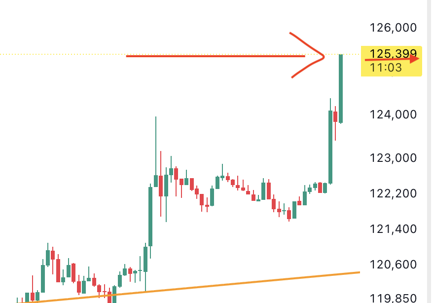 AltcoinDaily's tweet photo. Bitcoin SMASHES $125,000!! 📈 (NEW ATH) https://t.co/sHOwMPFJVy