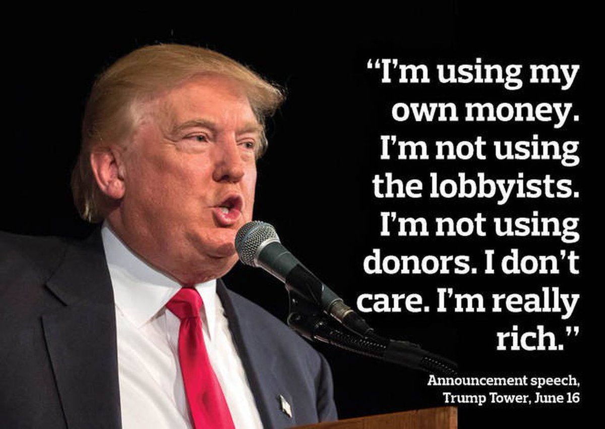 ProudDemocrat0's tweet image. Just a reminder that Trump said he would self fund his campaigns.  He didn&apos;t use a penny of his own money in 2020 and 2024.