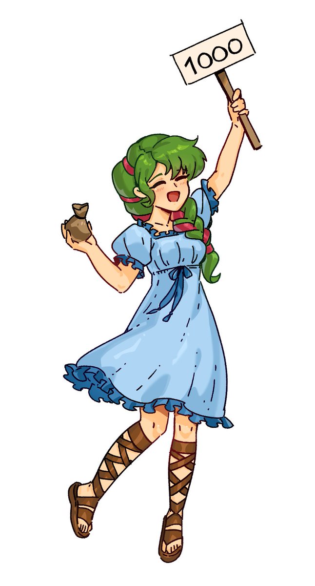Next is this cute drawing by <a href="/eili_enie/">eili enie 🇺🇦</a> I received in January this year. This started the BSFE Girl train.
She has a vulnerary and a 1000 points sign as she gifts both to the player in BSFE upon her rescue. Also eili did a good job making the rest of her design from my requests.