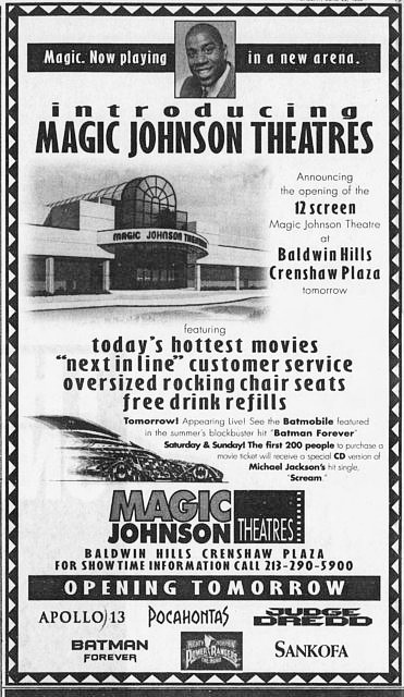 1995 Print ad for the Baldwin Hills location of a Magic Johnson Theater.  In addition to having Batman Forever as apart of it's Movie Line up for the next day, they also mention they would be bringing The Batmobile to the theater, with style guide artwork of the car used.