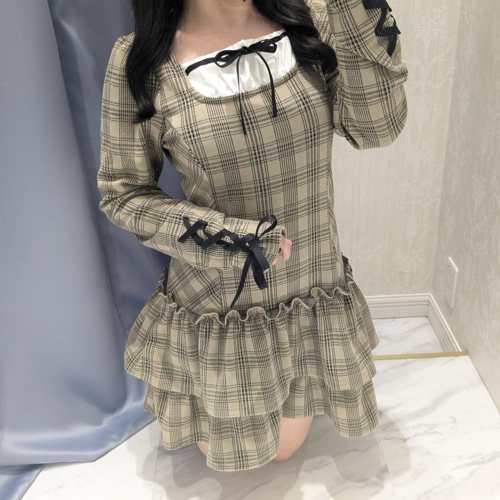 evelyn エブリン 肩リボンチェックロングOP 肩リボンチェックロング