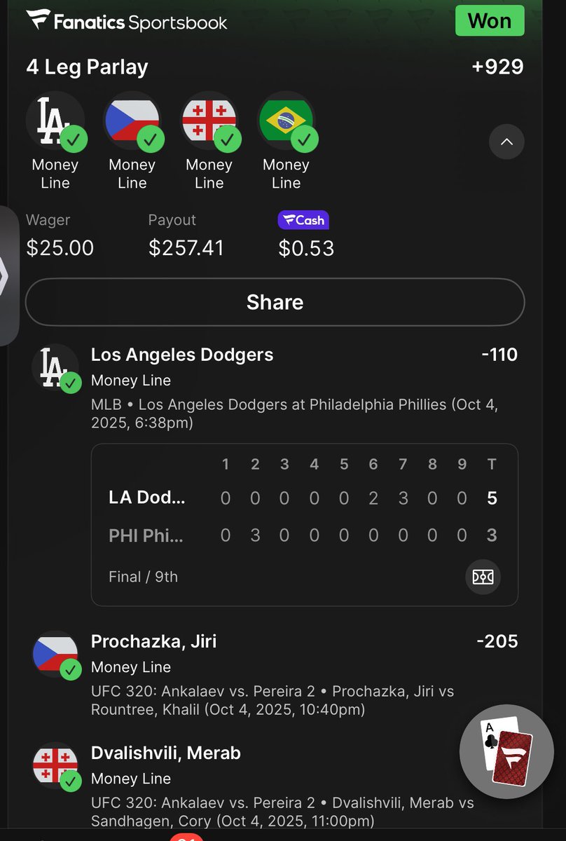 TRHandicapper's tweet photo. BANG!!! #UFC320 #4TeamParlay +$929
$25 made $257 not a bad night! https://t.co/i9TDm18nwP