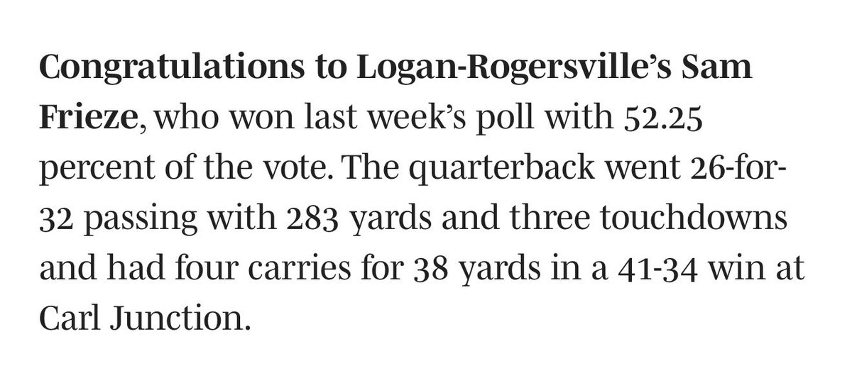 Blessed to be voted best player in Missouri for week 4! <a href="/PrepRedzoneMO/">Prep Redzone Missouri</a> <a href="/JPRockMO/">JP Rock</a> <a href="/The_onlyAjReed/">Allen Reed</a> <a href="/ArlenHarrisSr/">Arlen Harris Sr.</a> <a href="/jenkinsflash/">Joel Wells</a> <a href="/LogRogFB/">LRHS Football</a> <a href="/CoachBen_Mauk7/">Ben Mauk</a> <a href="/TheChainGang3/">The Chain Gang</a>