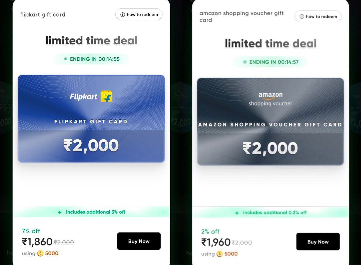 CRED : Get Flipkart, Amazon, Zepto, Uber &amp; Zomato Giftcards At Discount + CC Rewards 🪙 💳

Deal Of The Day

Flipkart = 12% (4% + 3% + 5% SBI Cashback/PhonePe SBI Select)

Amazon Shopping = 7% (1.8% + 0.2% + 5% SBI Cashback/PhonePe SBI Select)

Amazon Pay = 6% (0.8% + 0.2% + 5%