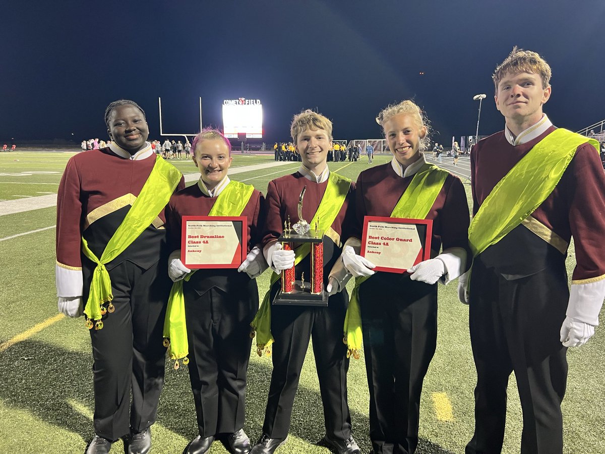AnkenyBand's tweet photo. Congratulations to the Marching Hawks on earning 1st place, best guard, and best drumline at the North Polk Marching Invitational! @Ankeny_HS https://t.co/vftbQOxh1Z