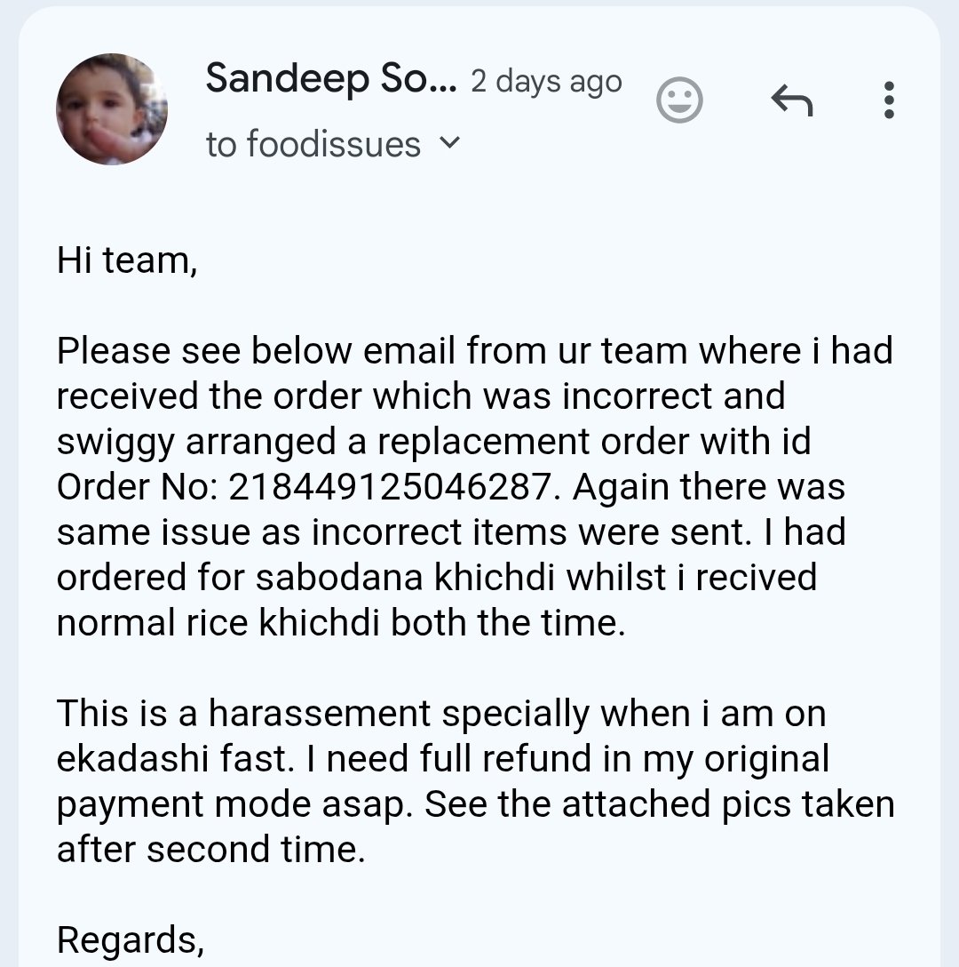 sonifrequent007's tweet photo. @Swiggy @SwiggyCares @WeAreSwiggy no response even after 72h post the complaint made to swiggy where repeatedly incorrect food items received from rest. Need immediate action and refund process to be initiated.. https://t.co/DANtoC6H0s