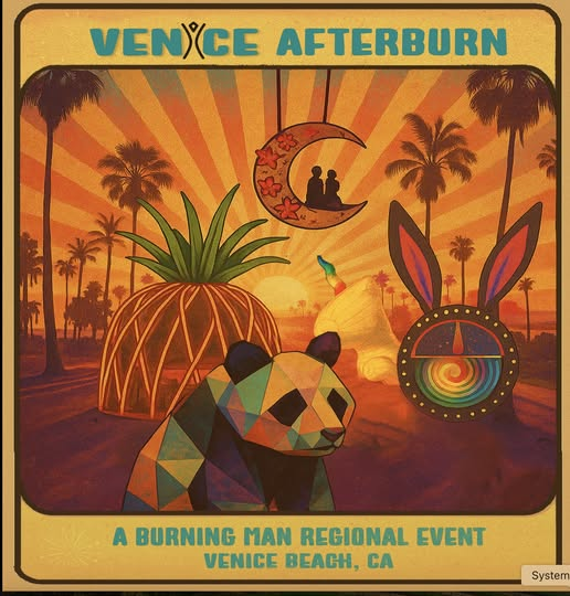 TartariaReview's tweet image. This is an ad for a post Burning Man event in Venice, California. Notice the panda and the rabbit. #pedos