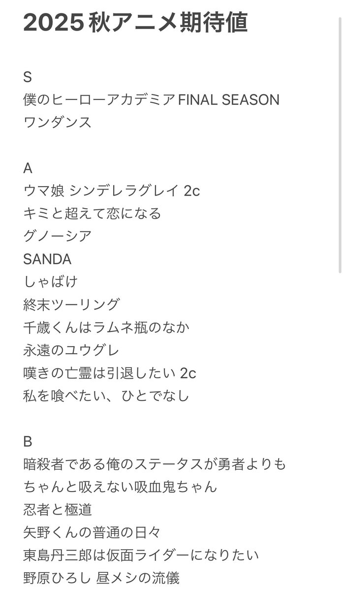 shuka_anime's tweet image. 2025 #秋アニメ 期待値！

すでにスタート秋アニメ。
遅くなりましたが、期待値です。
もしかしたら抜けてる作品があるかもです。

大本命『僕のヒーローアカデミア』
こちらも期待『ワンダンス』

その他もろもろ...

全40タイトルでいきます！

#アニメ好きと繋がりたい