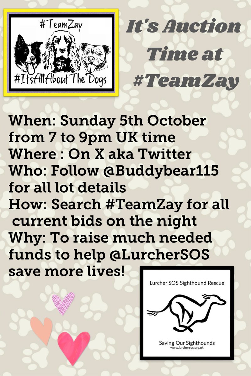 Nightowl400's tweet image. Tonight is the night!!
Be sure to join @Buddybear115 and the rest of #TeamZay for our fundraising auction. Bidding is live tonight between 7pm and 9pm UK 🇬🇧 time. We've got some pawsome lots so please drop by and help raise funds for @LurcherSOS Thank you 🐾🐾