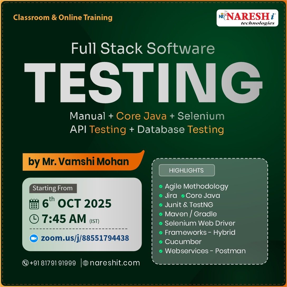 srikanth1787592's tweet image. 🧠 Become a Full Stack Testing Pro!
📅 Starts 6th Oct | ⏰ 7:45 AM (IST)

👨‍🏫 By Mr. Vamshi Mohan
🔗 Enroll Link: tr.ee/gA3yTR

#NareshIT #QA #TestingEngineer #AutomationTesting #FullStackTesting #LearnToCode