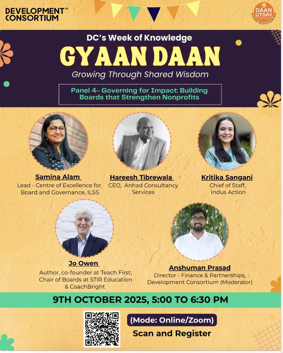 Participating in a panel discussion on "Governing for Impact: Building Boards that Strengthen Nonprofits," organized by <a href="/DevConsIndia/">Development Consortium</a>  as part of Gyaan Daan week. 

This event focuses on enhancing the effectiveness of nonprofit boards and their role in driving impactful