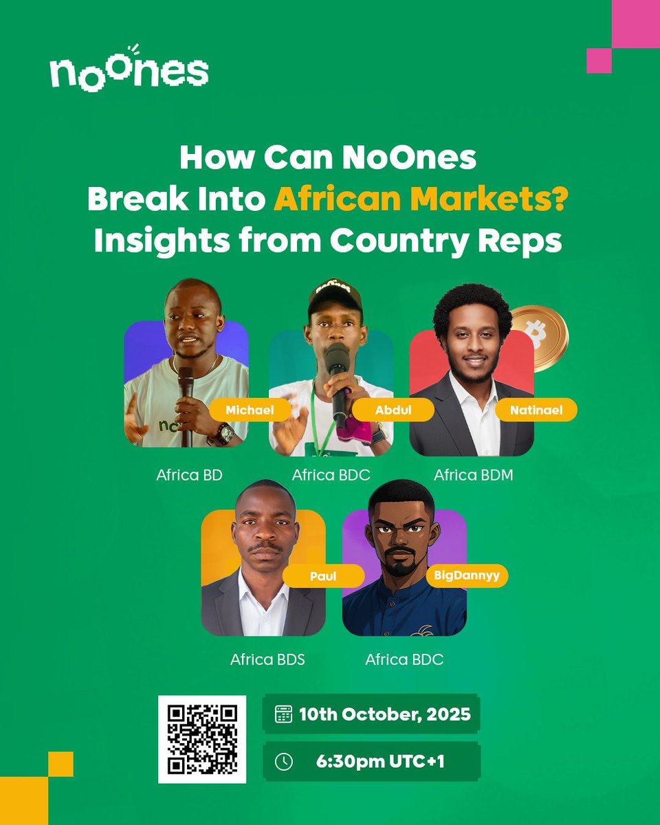 noonesafrica's tweet photo. 🚀 Breaking Into Africa: The NoOnes Mission! 🌍

𝗢𝘂𝗿 𝘁𝗲𝗮𝗺𝘀 𝗳𝗿𝗼𝗺 Zambia, Ethiopia and Nigeria 𝗮𝗿𝗲 𝗰𝗼𝗺𝗶𝗻𝗴 𝘁𝗼𝗴𝗲𝘁𝗵𝗲𝗿 𝘁𝗼 𝘀𝗵𝗮𝗿𝗲 𝗿𝗲𝗮𝗹 𝗶𝗻𝘀𝗶𝗴𝗵𝘁𝘀, 𝗰𝗵𝗮𝗹𝗹𝗲𝗻𝗴𝗲𝘀, 𝗮𝗻𝗱 𝘄𝗶𝗻𝗻𝗶𝗻𝗴 𝘀𝘁𝗿𝗮𝘁𝗲𝗴𝗶𝗲𝘀 𝗳𝗼𝗿 𝗯𝗿𝗲𝗮𝗸𝗶𝗻𝗴 𝗶𝗻𝘁𝗼 African Market.

𝗕𝗶𝗴 𝗶𝗱𝗲𝗮𝘀. 𝗥𝗲𝗮𝗹 𝘀𝘁𝗼𝗿𝗶𝗲𝘀. 𝗚𝗮𝗺𝗲-𝗰𝗵𝗮𝗻𝗴𝗶𝗻𝗴 𝗼𝗽𝗽𝗼𝗿𝘁𝘂𝗻𝗶𝘁𝗶𝗲𝘀 𝗮𝘄𝗮𝗶𝘁 👀

📅 10th October, 2025
⏰ 6:30 PM UTC+1
📍 Venue: X (𝗧𝘄𝗶𝘁𝘁𝗲𝗿 𝗦𝗽𝗮𝗰𝗲)

🔔 Set your alarm & join us live: https://t.co/CTdMh3wB58

#NoOnes #Ethopia #Nigeria #Zambia #AMA #GM #Crypto #Web3 #Africa