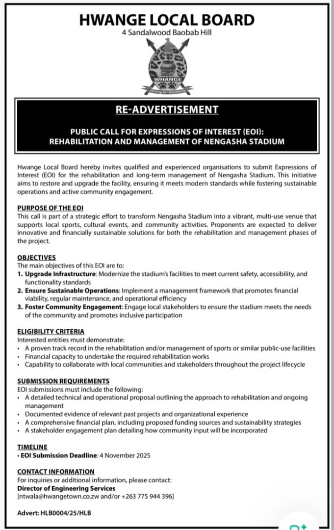 Hwange Local Board (@hwangetown) on Twitter photo Hwange Local Board invites interested parties to submit proposals for the Rehabilitation and Management of Nengasha Stadium in Hwange. Be part of reviving this key community sports facility!#Hwange #SportsDevelopment #PublicNotice #InvestmentOpportunity <a href="/SRCZimbabwe/">SRCZimbabwe</a> <a href="/zidainvest/">Zimbabwe Investment and Development Agency</a> Hwange Local Board invites interested parties to submit proposals for the Rehabilitation and Management of Nengasha Stadium in Hwange. Be part of reviving this key community sports facility!#Hwange #SportsDevelopment #PublicNotice #InvestmentOpportunity <a href="/SRCZimbabwe/">SRCZimbabwe</a> <a href="/zidainvest/">Zimbabwe Investment and Development Agency</a>