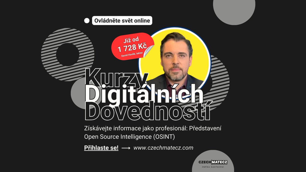 CZECHMATE_CZ's tweet photo. Kurzy digi dovedností: Získávejte informace jako profesionál: Představení Open Source Intelligence (OSINT) OSINT pro rozvoj analytického myšlení a podporu informovaného rozhodování. Chci na kurz👉 https://t.co/u6fnu1iC9H 💻Security, #czechmatecz https://t.co/u09Pg0cN70