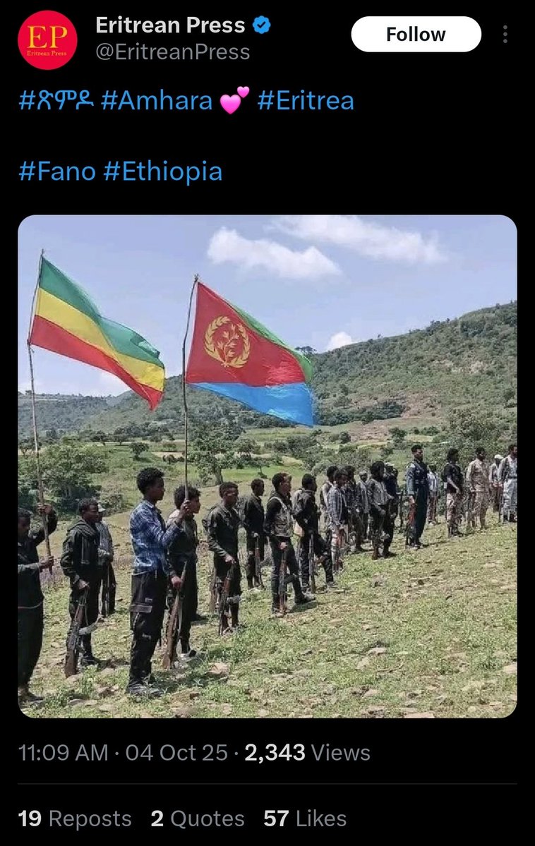 BehiwotTilahun's tweet photo. የባንዳነት ጥግ
#Fanno must be designated a terrorist group by the Ethiopian Parliament and the world should recognize it as such.
Enough is enough.
Period! 🇪🇹✊ https://t.co/qbnRNHRUbT