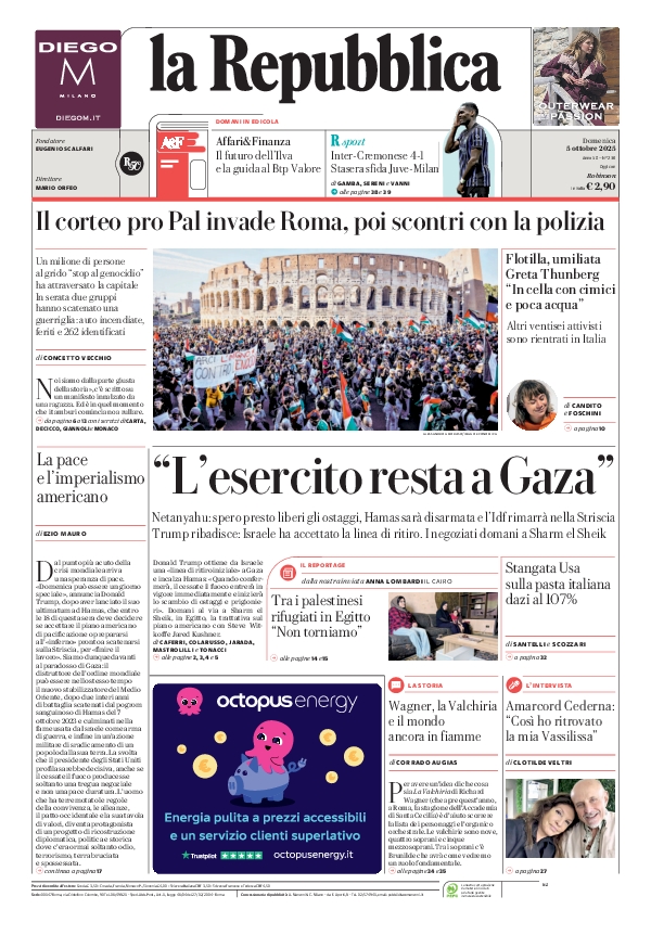 repubblica's tweet photo. La prima pagina di oggi #5october https://t.co/LZaZp2Gm1r 📰 https://t.co/wo1B1Y6YiQ