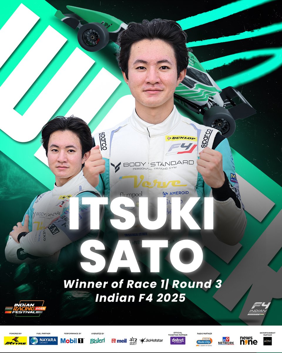 FIAIndianF4's tweet photo. β‘π₯ Debut and domination! Itsuki Sato takes Race 1 of Indian F4 by storm!
What a sensational way to kick things off! πποΈ
#PoweredbyJKtyres #FuelledByNayara #PerformanceByMobil1 #IndianF4 #Season4 #IRF2025 #IndianRacingFestival https://t.co/CqHqeE4dba