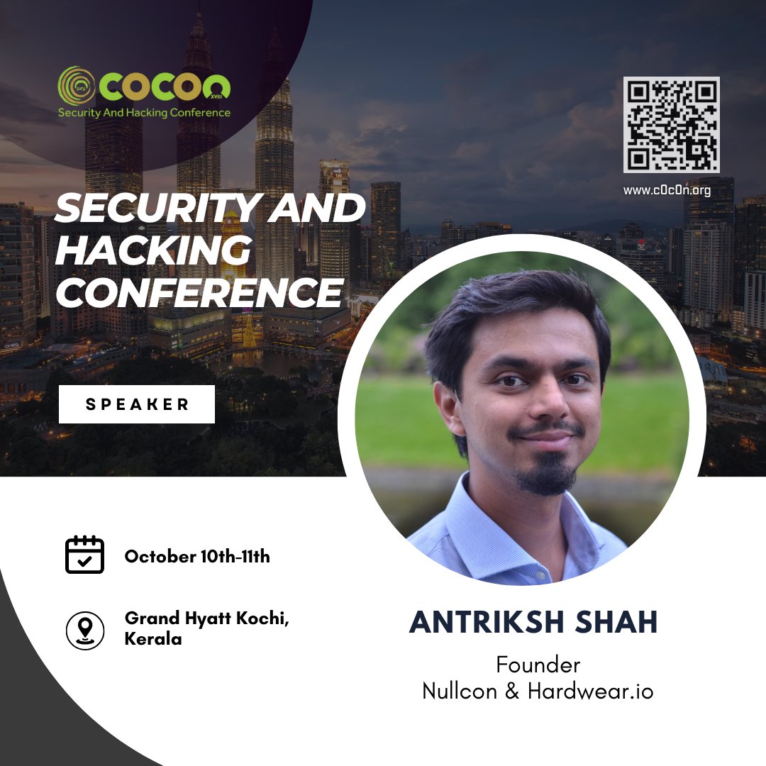 _c0c0n_'s tweet photo. Excited to welcome Antriksh Shah, Founder of Nullcon &amp; https://t.co/JmGASODK3n, as a speaker at #c0c0n2025!

* Dates: October 10th–11th
* Venue: Grand Hyatt, Kochi, Kerala, India

#CyberSecurity #InfoSec #HackingConference #Nullcon #Hardweario https://t.co/SN6IvUh2yy