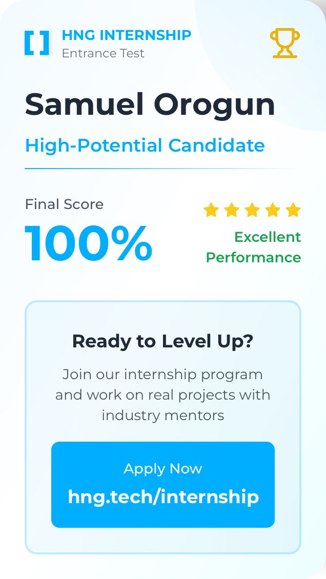 Ade_ola00's tweet image. 100% on the HNG Internship test ✅
Looking forward to learning, building, and growing with amazing minds!…Let’s connect 
#HNG #TechInternship @hnginternship