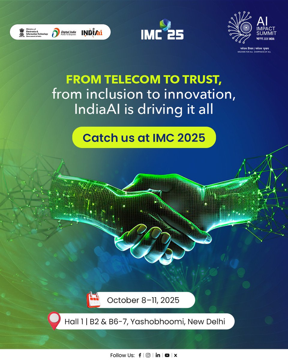 OfficialINDIAai's tweet image. From trusted AI in telecom to inclusive growth through innovation- @OfficialINDIAai is redefining what’s possible. Join us at IMC 2025 and be part of the dialogue that shapes tomorrow.
📅 October 8–11, 2025
📍 Hall 1 | Stalls B2 & B6-7 | Yashobhoomi, New Delhi…