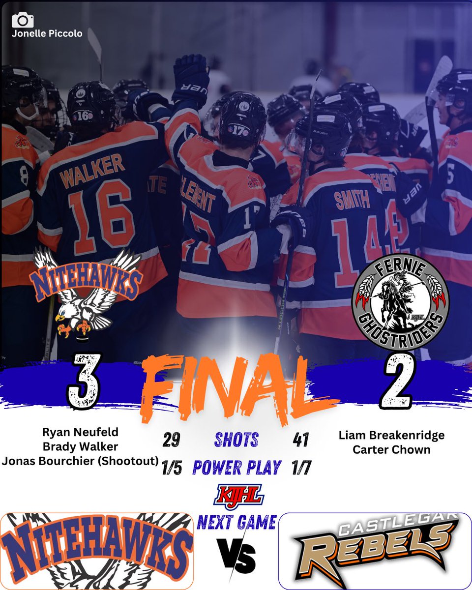 NITEHAWKS WINNN!

This one needed a shootout as the Hawks prevail in the 5th round through Jonas Bourchier, who calls game on 70’s night for the Nitehawks! 

We’re back on home ice next Saturday night as we host the Castlegar Rebels!  #Nitehawks #KIJHL