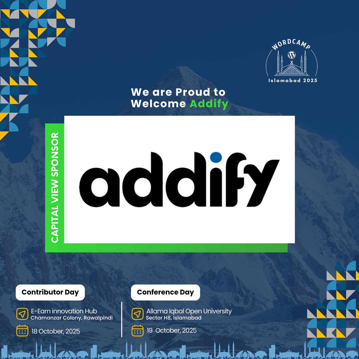 WordCampIsb's tweet image. 🌟 Excited to welcome @Addify as a Capital View Sponsor for #WCISB2025!
With 150+ products & 300K+ installs, Addify helps WooCommerce merchants boost sales and manage stores efficiently. 💙
📅 Oct 18–19 | Islamabad
Let’s celebrate WordPress together! 🚀
#WCISB #Addify