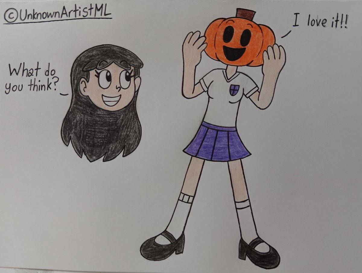 UnknownArtistML's tweet photo. [HEAD-TOBER 2025: DAY 5]

Hannah and her Halloween companion, Pumpkid.
She even let it take control of her body for a while!

#UnknownArtistML #Dullahan #Headless #Hannah #Pumpkid #Pumpkin #OC #Halloween #TraditionalArt https://t.co/wDYOUY7ghf
