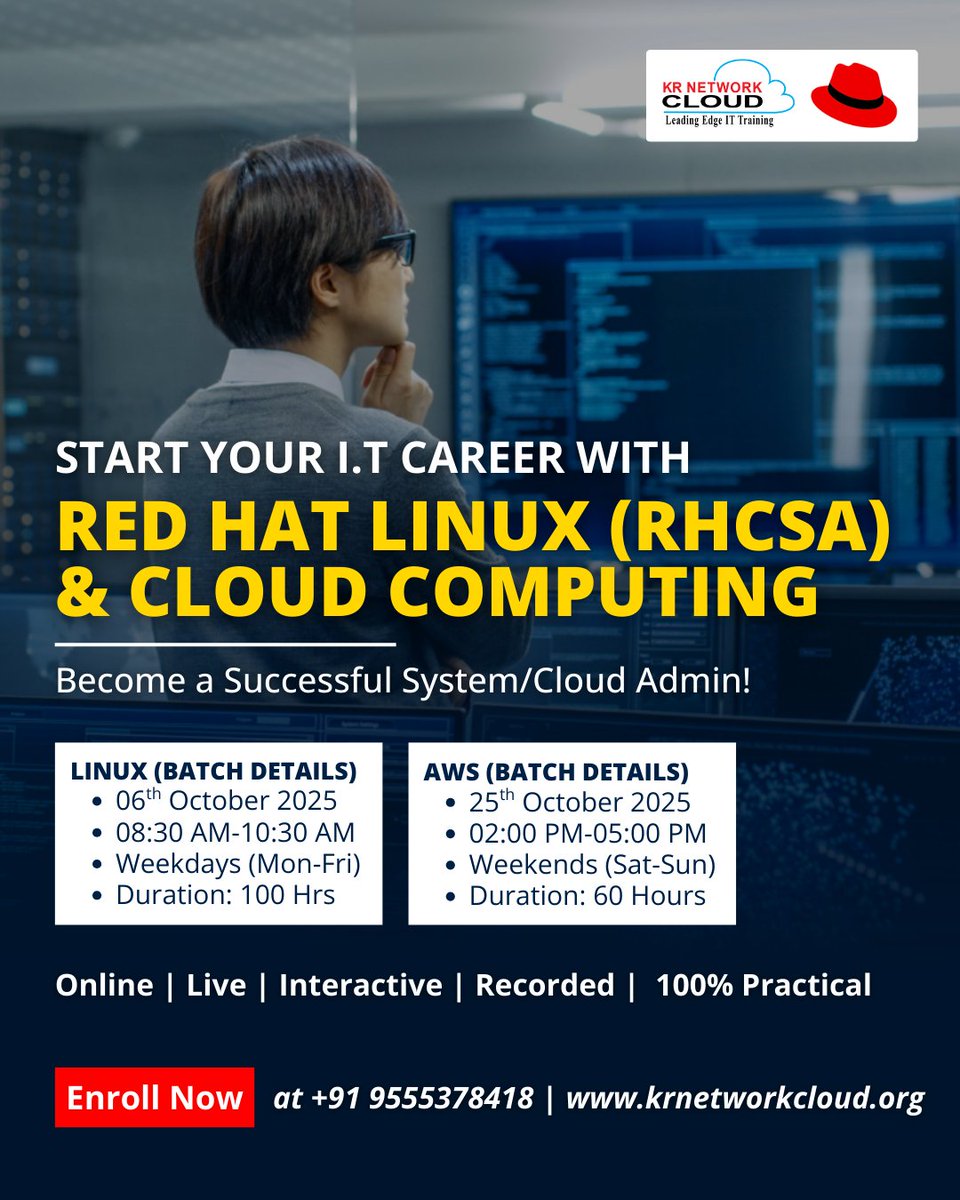 KRNetworkCloud1's tweet image. ๐ New Red Hat Linux (RHCSA on RHEL 10) Batch Starts Tomorrow!
๐ฉ Enroll Now to Join Tomorrowโs Batch:
๐ forms.gle/wiWaLdvEfkBMySโฆ
๐ Call or WhatsApp: +91 9555378418
#LinuxTraining #RHCSA #RHEL10 #RedHat #KRNetworkCloud #SystemAdmin #ITTraining