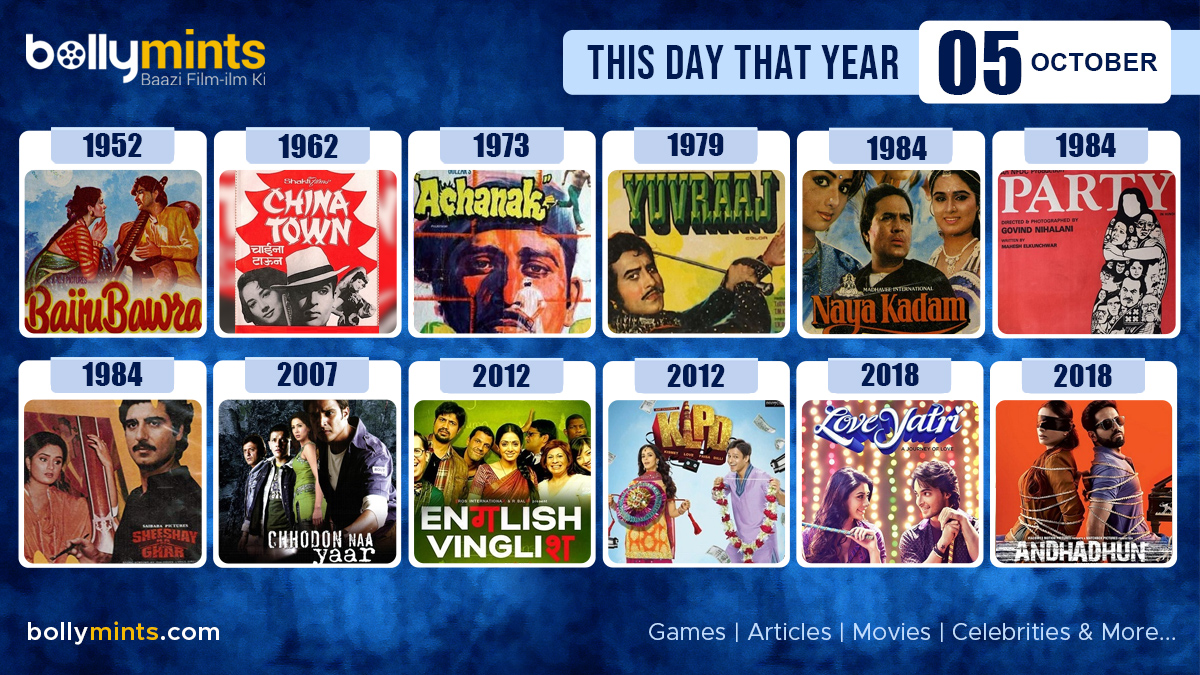 BollyMints's tweet photo. Here are the few #BollywoodMovies released on this day. Stay tuned at https://t.co/ohKmuyqHCy for more #updates #ThisDayThatYear #5October #BaijuBawra #ChinaTown #Achanak #Yuvraaj #NayaKadam #Party #SheeshayKaGhar #ChhodonNaaYaar #EnglishVinglish #KLPD #Loveyatri #Andhadhun https://t.co/fV3p2XFyRE