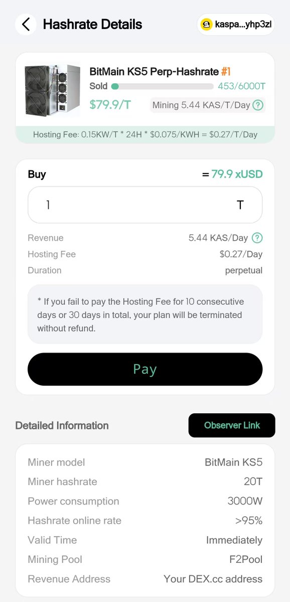 dexcc_official's tweet photo. Thank you guys for bringing up about https://t.co/LjtcvDyV90. I want to apologize if Peculiar didn't explain our xUSD and hashrate clearly, he is not a dev but he has been studing and just trying to get your guys attention to what we are building. 
Let me clarify your questions:
1. xUSD is not a stablecoin, it is a bridged USDT from Ethereum network, very simple. We use a relay chain for our cross-chain bridge and will soon have xBTC & xETH when our swaps is live.
2. Our perpetual hashrate plan is a cloud mining service, the difference from e.g. BitFuFu or NichHash is that our plan is perpetual, no need to renew as long as you pay the hosting fee ($0.27) everyday.
We partner with mining farms and pools to provide you with the service. We use BitMain KS5 Miners and that $79.9 is for 1 Terahash. Our first plan has a total of 6000TH for our users and we have more plans coming later on. All this information can be found in our application, and we also have a third-party observer link from F2Pool for transparency. 
For the daily rewards from our hashrate plan. We do not promise 5 $KAS everyday for 1 T, it is different everyday according to total network hashrate and the emission schedule. The amount of daily reward will change overtime. We also have a post about the calculations on our official account if you want to check it out.
3. There have been people trying out and testing our perpetual hashrate plan @KaspaBuilders @JNGross , it has been working out for them perfectly.
4. https://t.co/LjtcvDyV90 is a full-featured dex on Kaspa, currently we have wallet, cross-chain bridge and hashrate plan ready, will soon bring out our swaps and staking/lending pool.

However, we understand concerns from you guys and it was totally fine. Wish I was there to clarify everything to you guys. Our mainnet audit reports and open source will come out soon. 
Thank you so much for discussing about it. We're so sorry about misinformation.