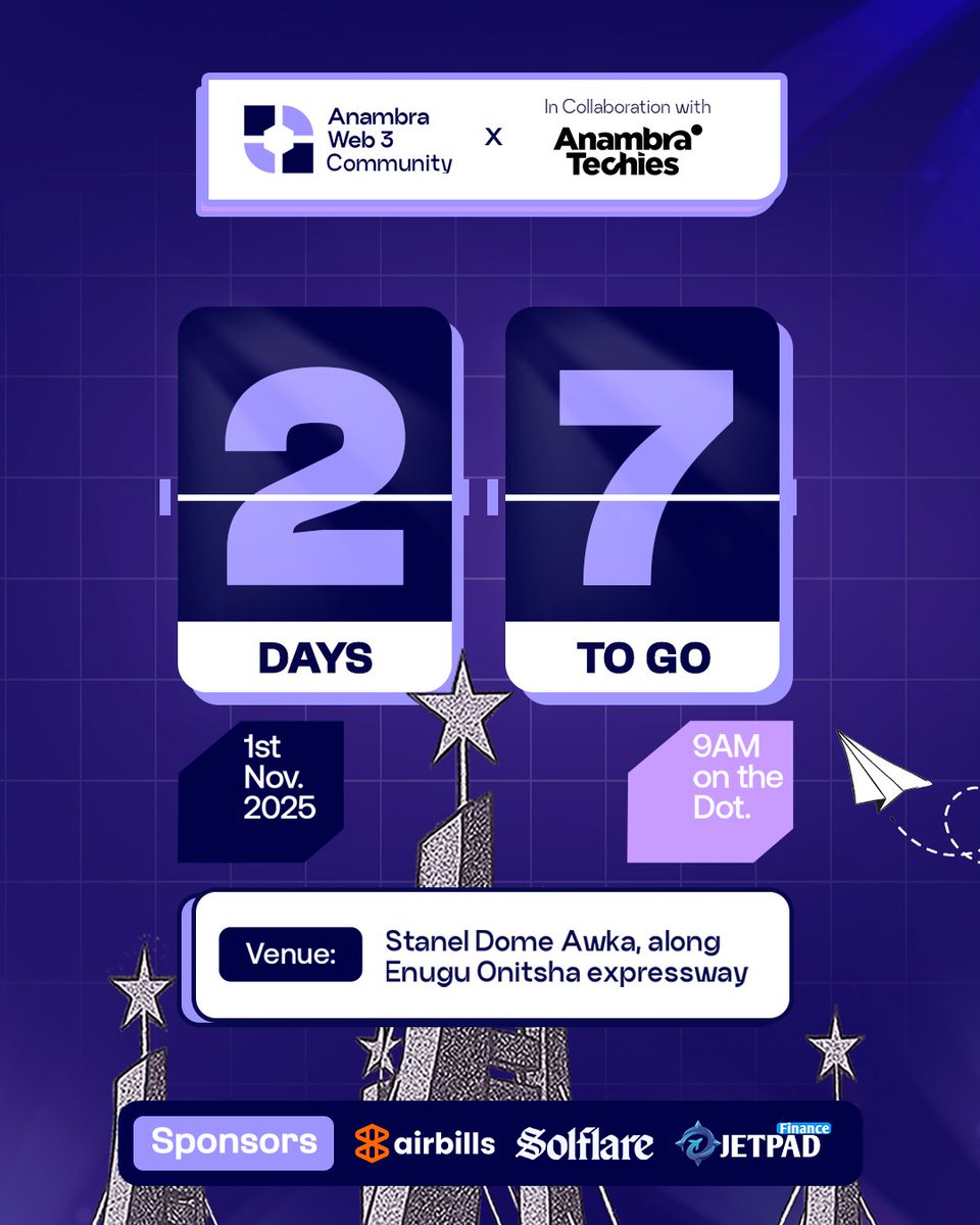 anambraweb3conf's tweet image. 27 Days To Go‼️

The biggest Web3 Conference in South-East Nigeria is almost here! 🥳
Anambra Web3 Conference 2.0
📍 Stanel Dome, Awka
🗓️ November 1st, 2025
Theme: Limitless Possibilities

🔥 2,500+ builders, founders, students &amp;amp; creators
🔥 Hackathon, exhibitions, networking &amp;amp;…