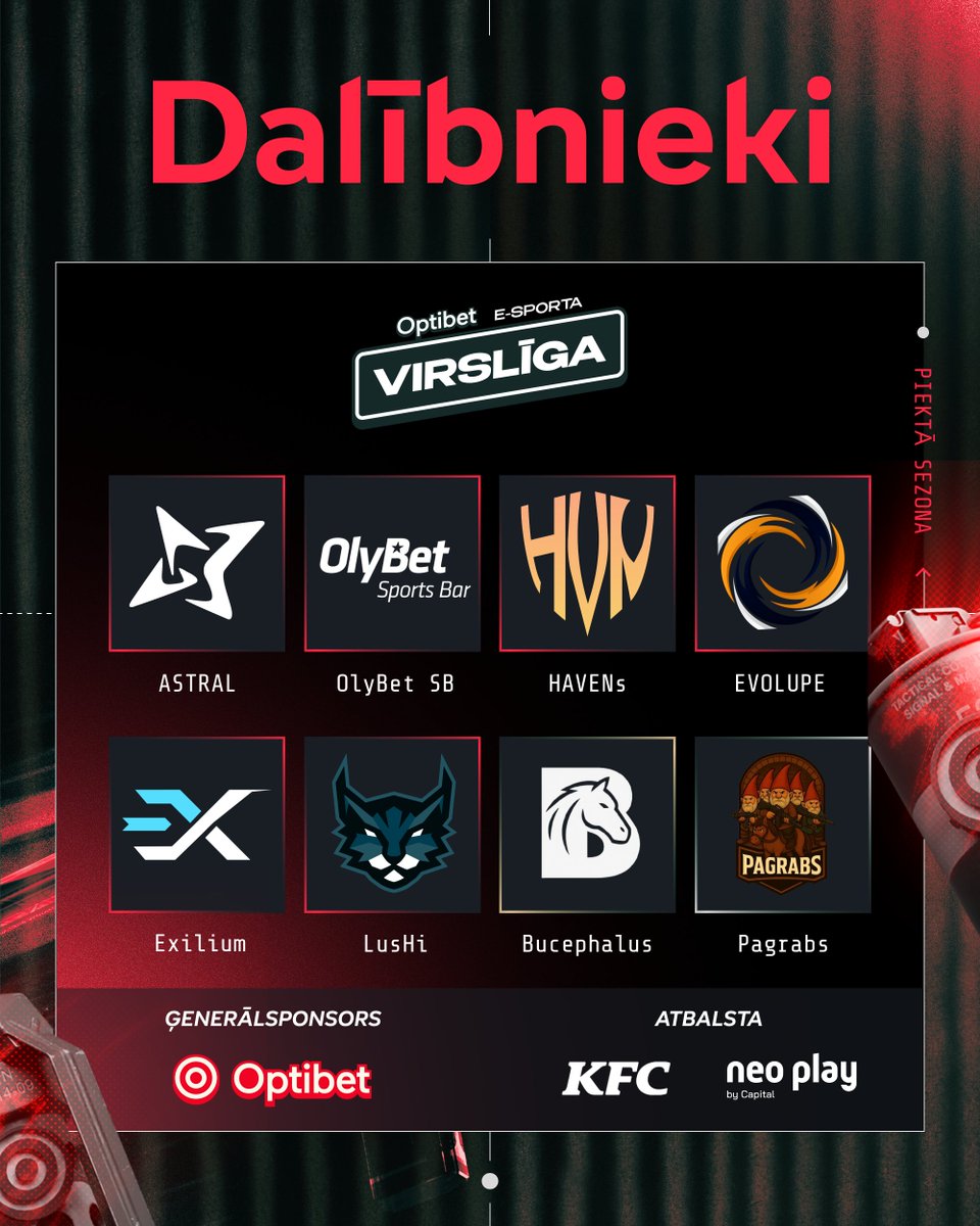 Ar prieku izziņojam tās 8 komandas, kuras jau šovakar uzsāks cīņu pēc "Optibet" E-sporta Virslīgas troņa šoruden!

- 🇱🇻ASTRAL
- 🇱🇻Olybet SB
- 🇱🇻HAVENs
- 🇱🇻EVOLUPE
- 🇱🇻Exilium 
- 🇱🇻LusHi
- 🇱🇻Bucephalus
- 🇱🇻Pagrabs

Amatieru līgu komandas un sastāvs publiskosim 6. oktobrī.