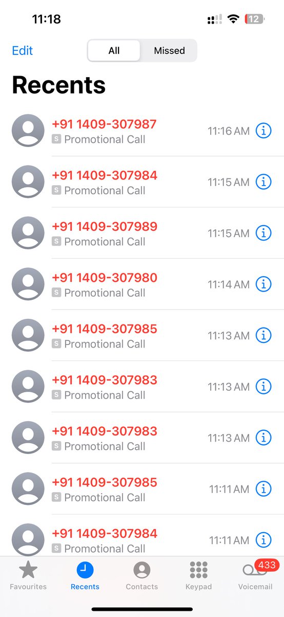 AheerManoj's tweet photo. @airtelindia is this how you are stopping spam calls, see the volume of promotional calls received within 10 minutes @TRAI @firstpost https://t.co/aQaI8C6mw0
