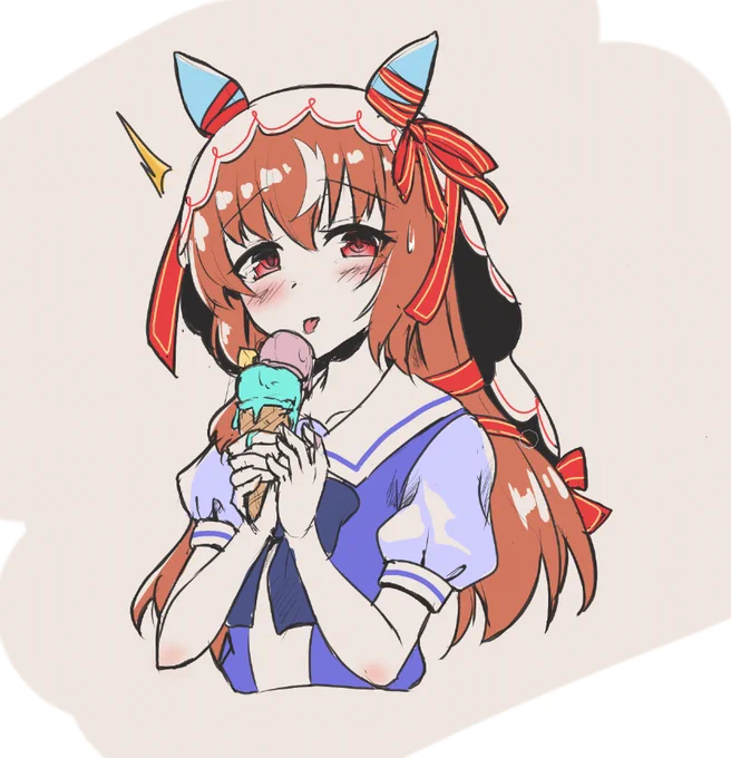 アイス食べるのへたっぴスティルどちゃくそかわいい 溶けちゃってるアイスに慌てるスティルをずっと眺めていたい #ウマ娘 #スティルインラブ