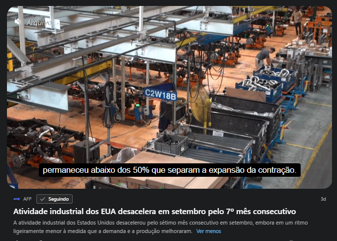 Atividade industrial dos EUA desacelera em setembro pelo 7º mês consecutivo.