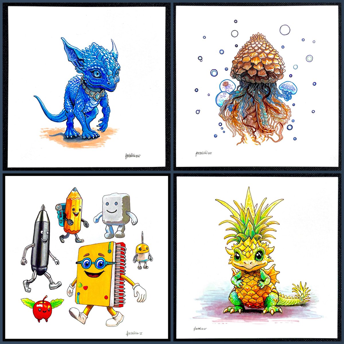 First four Inktobers have been completed, just got a little behind on sharing. 
Check it out….
🌌1. Lapis Dragon
🪼2. Pinejelly
✏️3. Super Supply Crew
🍍4. Piñamander

All original ink illustrations on Bristol paper.
Part of Creative Chaos Collection