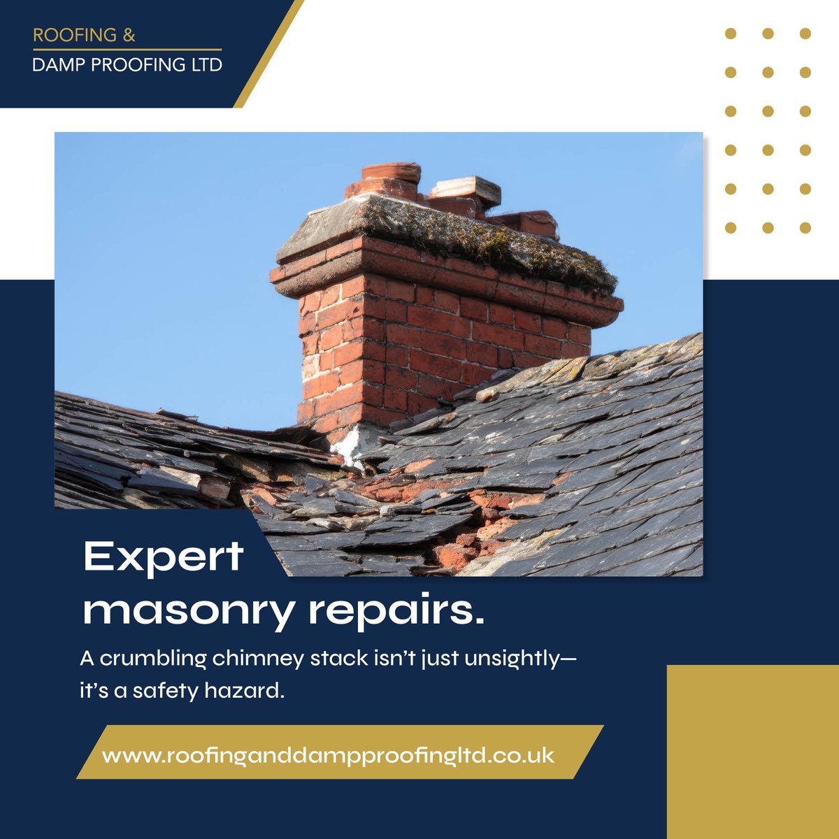 RoofDampProof's tweet image. 🧱 A crumbling chimney stack isn’t just unsightly—it’s a safety hazard. 

Our expert masonry repairs restore stability and protect your property.

Arrange your chimney check today 👉 roofinganddampproofingltd.co.uk

#ChimneyRepairs #PropertySafety #RoofingAndDampProofingLtd