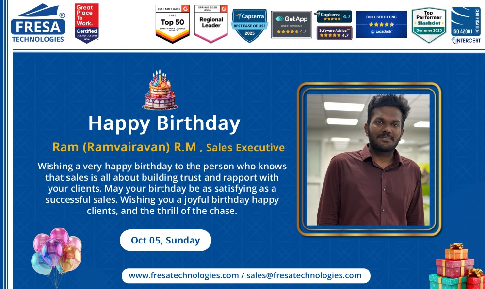 fresatechnology's tweet image. 🎊Happy Birthday Ram R.M

🔗 Visit us: fresatechnologies.com
📧 sales@fresatechnologies.com

#FresaTechnologies #FreightForwarding #ERPforLogistics #SupplyChainTech #FresaGoldERP #SeamlessOperations #HappyBirthday #Birthday #CelebratingSucces #BirthdayWishes #CheersToSuccess