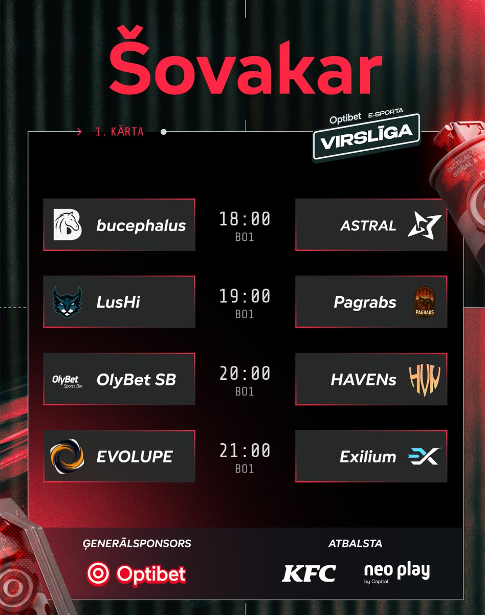 esportaliga's tweet photo. "Kleverr" sacensību augstākās līgas, "Optibet" E-sporta Virslīgas, starta šāviens jau šovakar!
🟢18:00 🇱🇻#bucephalus vs #ASTRAL🇱🇻
🟢19:00 🇱🇻#LusHi vs #Pagrabs🇱🇻
🟢20:00 🇱🇻#OlyBetSB vs #HAVENs🇱🇻
🟢21:00 🇱🇻#EVOLUPE vs #Exilium🇱🇻
Pieslēdzies - https://t.co/iYvkALE84N https://t.co/dm9HudAGCv